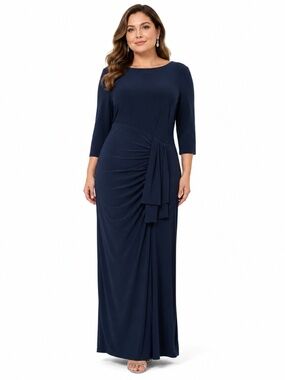 XSCAPE - Ruched Side Drape Long Sleeve Gown